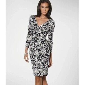 Lauren Ralph Lauren Dress Womens Sz 2 Black White Floral 3/4 Sleeve EUC